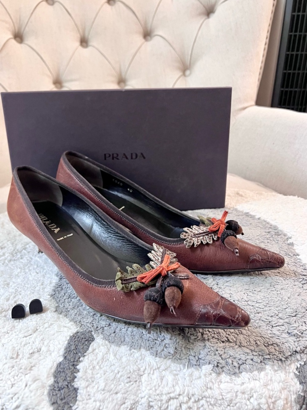 Prada Brown Leather Pointed-Toe low heel Flats with Embellished Accents